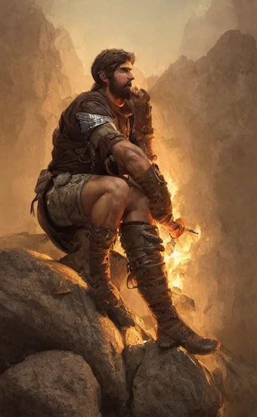 Image similar to Portrait of a rugged ranger sitting down on a rock by a fire, male, muscular, straight nose!!!, detailed face, handsome face, bare thighs!!!, simple clothing!!!!!, fantasy, medieval, highly detailed, cinematic lighting, digital art painting by greg rutkowski