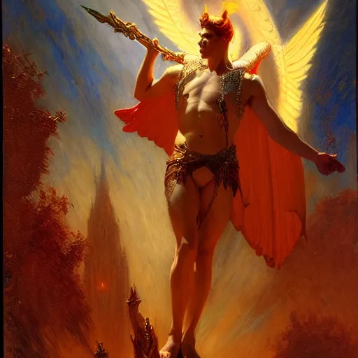 Prompt: attractive male lucifer morning star casting a spell to raise hell unto heaven. highly detailed painting by gaston bussiere, craig mullins, j. c. leyendecker, 8 k