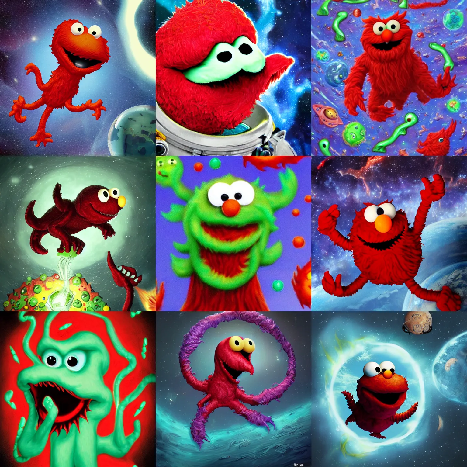 Prompt: Eldritch Abomination Elmo devouring humans floating in space, photorealistic