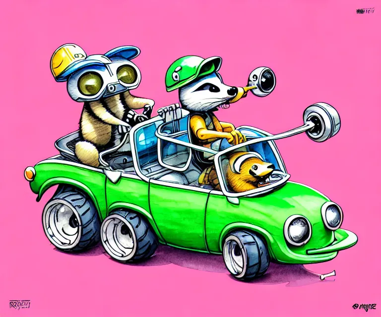 Prompt: cute and funny, racoon wearing a helmet riding in a tiny hot rod with oversized engine, ratfink style by ed roth, centered award winning watercolor pen illustration, isometric illustration by chihiro iwasaki, edited by range murata, tiny details by artgerm and watercolor girl, symmetrically isometrically centered, hyperfocused