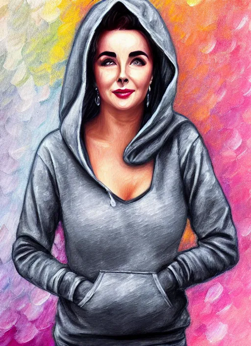 Prompt: elizabeth taylor, gray hoodie, jeans, tiara, half body shot, path traced, highly detailed, high quality, digital painting, alena aenami, leonid afremov, lilia alvarado, shinji aramaki, karol bak, alphonse mucha, tom bagshaw