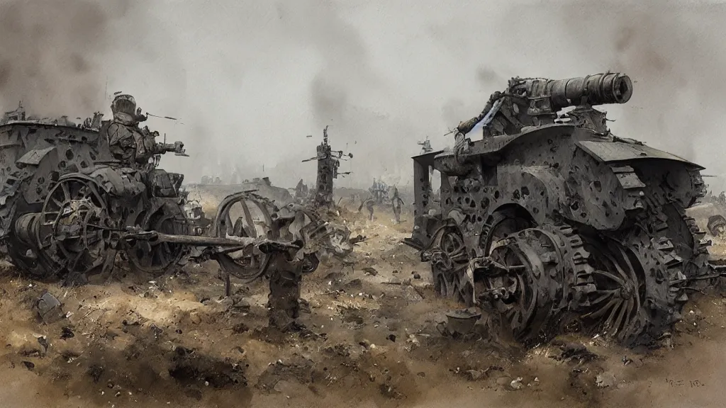 Prompt: big bertha artillery howitzer from world war i, watercolored, jakub rozalski, dark colours, dieselpunk, artstation