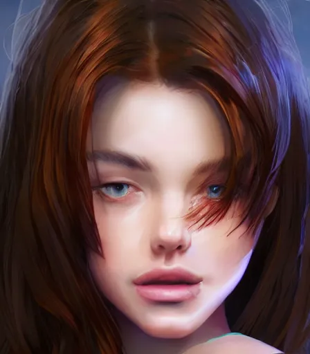 Image similar to beautiful portrait of an insanely gorgeous woman with blue eyes, brown hair and a perfect body, character design by charlie bowater, ross tran, artgerm, and makoto shinkai, detailed, soft lighting, rendered in octane