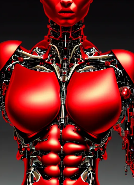 Prompt: organic cyborg full frontal torso close-up, vivid red satin plastic, diffuse lighting, fantasy, intricate, elegant, highly detailed, lifelike, photorealistic, digital painting, artstation, illustration, concept art, smooth, sharp focus, art by John Collier and Albert Aublet and Krenz Cushart and Artem Demura and Alphonse Mucha