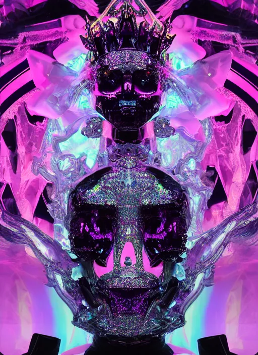 Image similar to photo of baroque and bladerunner delicate neon sapphire sculpture of seductive onyx albino king adrien sahores geometric pink iridescent humanoid deity wearing black fluffy hoody holding diamond skull in a black metallic dungeon, reclining, glowing rainbow face, crown of white diamonds, cinematic lighting, photorealistic, octane render 8 k depth of field 3 d
