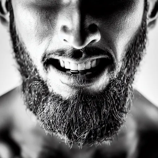 Image similar to Black and white photography of a very muscular man smiling with a chiseled jawline and trimmed beard