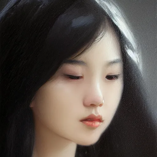 Prompt: Asian girl, watery black eyes, long wavy black hair, white veil, front closeup, highly detailed, centered, oil painting, artstation, professional portrait by WLOP