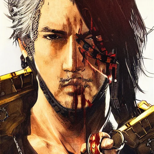 Prompt: portrait of a hero holding his sword in front of his face by yoji shinkawa, high quality, extra details, realism, american, brown eyes, hispanic, ornate, colored, golden chain, blood