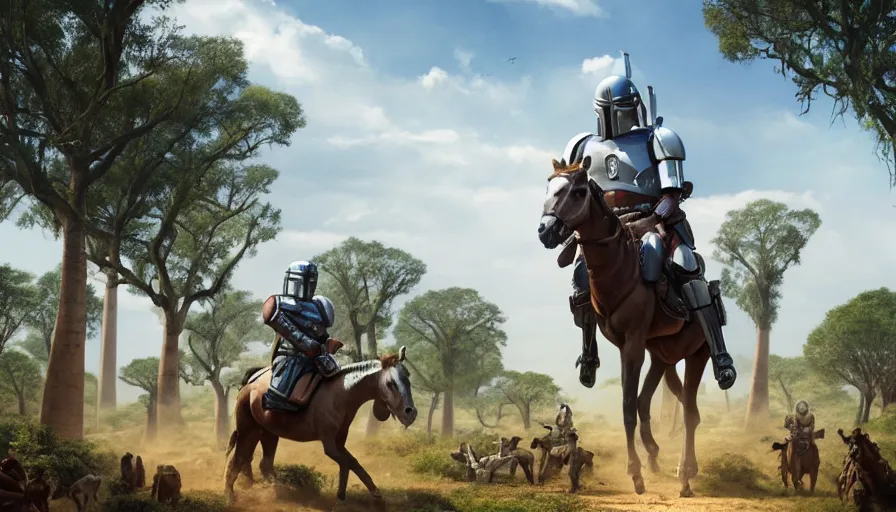 Image similar to mandalorian riding a horse, madagascar with baobabs trees in the background, action scene, an epic fantasy, artgerm and greg rutkowski and alphonse mucha, an epic fantasy, volumetric light, detailed, establishing shot, an epic fantasy, cinematic, photorealistic, ultrarealistic, trending on art station, octane render, midsommar