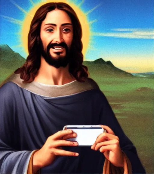 Prompt: Jesus taking a selfie. He is laughing because see a meme.no letters, Professional photo