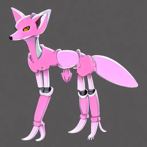 Prompt: digital art trending on artstation, pixiv, of a pink robotic fox, character fursona furry fandom anthropomorphic reference sheet