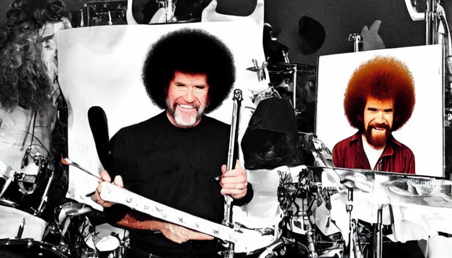 Image similar to Bob Ross performs in a Heavy Metal Band