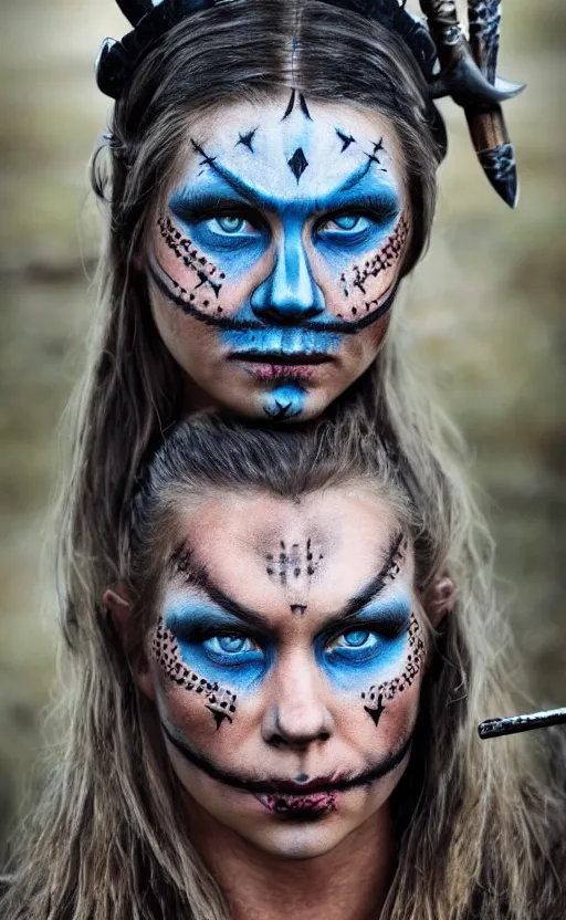 Image similar to photorealistic portrait of female viking warrior in tribal face paint, bloody nose, blue eyes, porcelain skin, black hair, determined