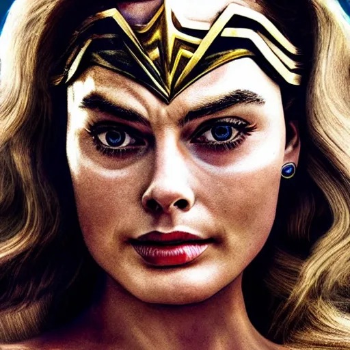 Prompt: margot robbie as wonder woman, hyper-realistic, medium-close up