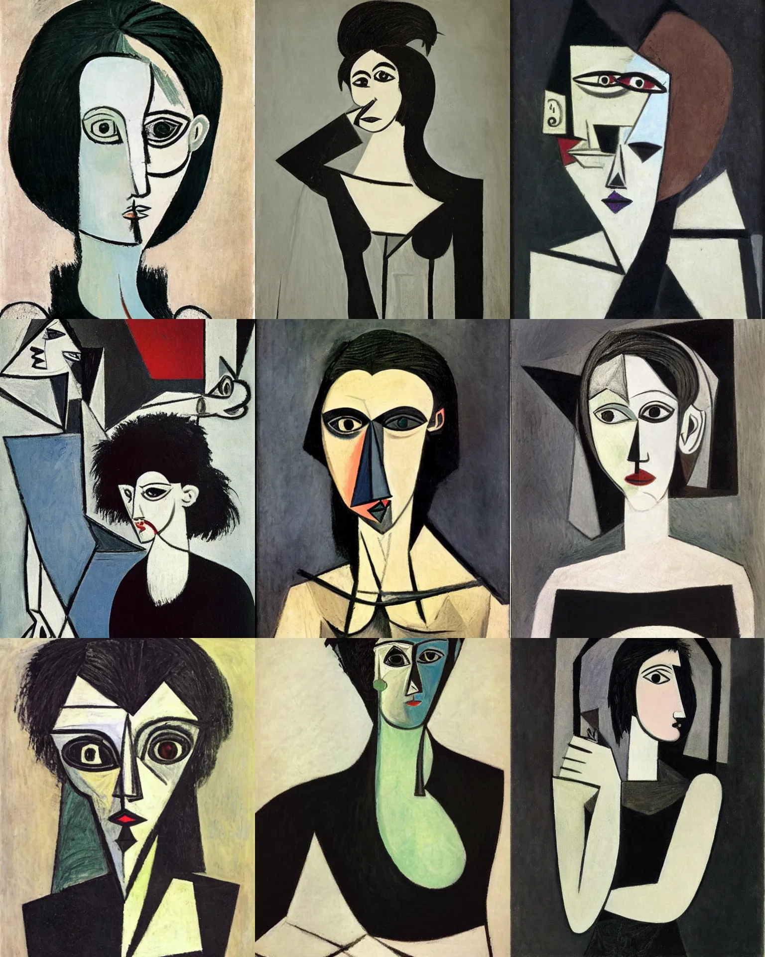 Prompt: A portrait of a goth by Pablo Picasso. Her hair is dark brown and cut into a short, messy pixie cut. She has a slightly rounded face, with a pointed chin, large eyes with pitch-black contact lenses, and a small nose. She is wearing a black tank top, a black leather jacket, a black knee-length skirt, a black choker, and black leather boots.