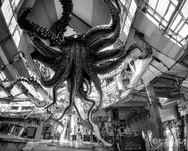 Image similar to camera footage of a extremely aggressive Giant mutated Octopus with glowing white eyes, Human Features, Teeth, in an abandoned shopping mall, Psychic Mind flayer, Terrifying, Silhouette :7 , high exposure, dark, monochrome, camera, grainy, CCTV, security camera footage, timestamp, zoomed in, Feral, fish-eye lens, Fast, Radiation Mutated, Nightmare Fuel, Wolf, Evil, Bite, Motion Blur, horrifying, lunging at camera :4 bloody dead body, blood on floors, windows and walls :5