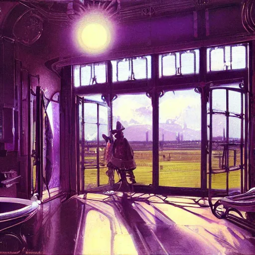 Prompt: detailed painting of syd mead artlilery scifi bathroom with ornate metal work lands on a farm, volumetric lights, purple sun, andreas achenbach