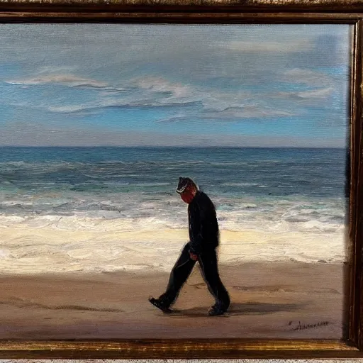 Prompt: a man in a hazmat walking on an abandoned beach, oil painting