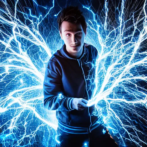Prompt: a young man with glowing blue eyes sparkling with blue lightning. sparks. electricity. sharp focus. highly detailed. photo realistic. uhd. by sparth. albert aublet. huang guangjian.