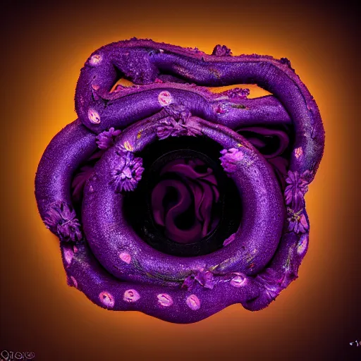 Image similar to Deep imprint flower core, our ouroborous devours it's tail by Rick Baker, black, neon purple, Hyperreal, Photographed in the Style of Annie Leibovitz, Studio Lighting