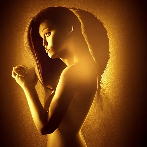 Image similar to dreamlike, portrait, goddess, golden shadows, light rays