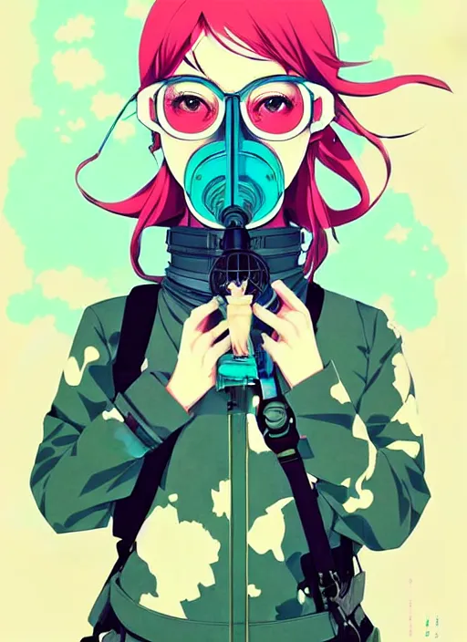 Image similar to singular girl with wearing gas mask, very anime!!! anime!! intricate details, aesthetically pleasing pastel colors, poster background, art by conrad roset and ilya kuvshinov