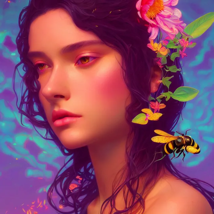 Prompt: young beautiful woman, gorgeous face, vaporwave aesthetic, synthwave, colorful, psychedelic, artstation, flowers, bees, concept art, smooth, extremely sharp detail, finely tuned detail, 8 k, unreal engine 5, ultra sharp focus, illustration, art by artgerm and greg rutkowski and alphonse mucha