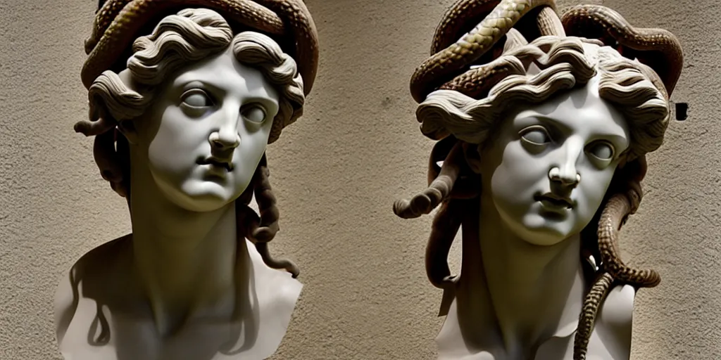 Image similar to greek sculpture, bust, young woman as medusa, with a wig made from snakes
