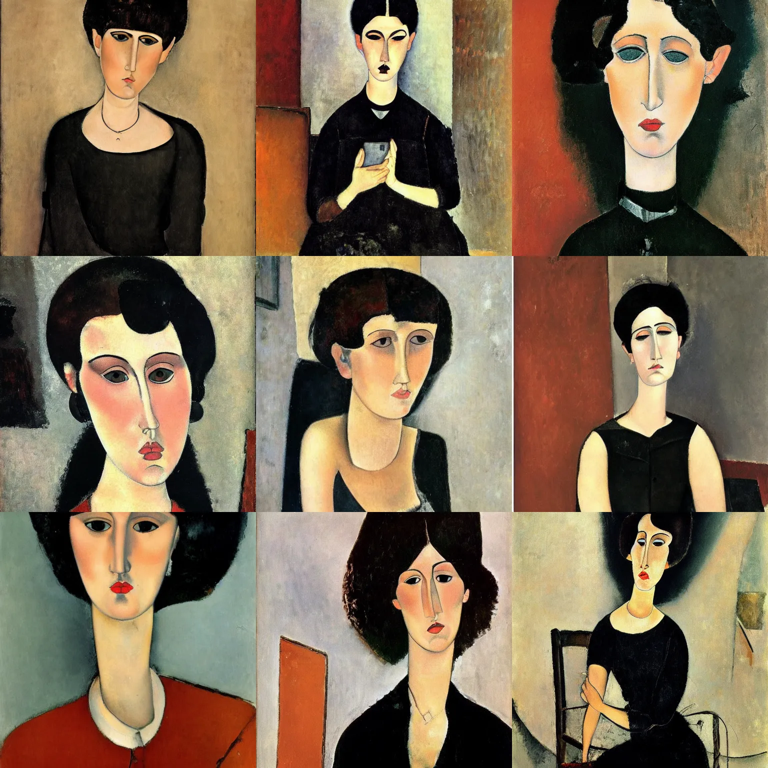 Prompt: A goth portrait painted by Amedeo Modigliani. Her hair is dark brown and cut into a short, messy pixie cut. She has a slightly rounded face, with a pointed chin, large entirely-black eyes, and a small nose. She is wearing a black tank top, a black leather jacket, a black knee-length skirt, a black choker, and black leather boots.