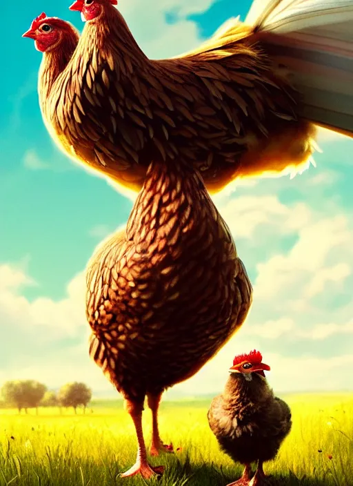 Image similar to a hen and her two chicks on a meadow, happy movie poster by nuri iyem, james gurney, james jean, greg rutkowski, anato finnstark. pixar. hyper detailed, 5 0 mm, award winning photography, perfect faces