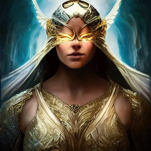 Prompt: beautiful cinematic fantasy poster, sci-fi, semi-transparent, beautiful Archangel with brilliant golden halo and a brilliant alabaster face, brilliant silver filigree, blindfolded eyes eyes, wideshot ultrawide angle epic scale, hybrid from The Elden Ring and art direction by Darius Zawadzki ;by artgerm; wayne reynolds art station; cinematic quality character render; low angle; ultra high quality model; production quality cinema model;