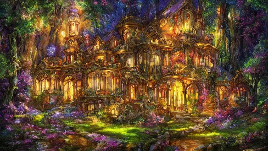 Image similar to Beautiful mansion in the woods” Beautiful Dreamscape, Digital art, concept art, detailed, lovely colors, Art station,3-D 4K, beautiful background, matte painting, Josephine wall,