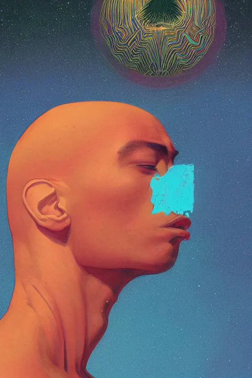 Image similar to a scifi closeup portrait of a young morrocan man licking a blotter paper of LSD acid on his tongue and dreaming psychedelic hallucinations in cosmos, by kawase hasui, moebius, Edward Hopper and James Gilleard, Zdzislaw Beksinski, Steven Outram colorful flat surreal design, hd, 8k, artstation