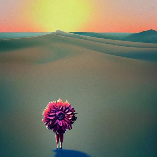 Image similar to portrait, giant dahlia flower head, girl walking between dunes, surreal photography, sunrise, blue sky, dramatic light, impressionist painting, digital painting, artstation, simon stalenhag