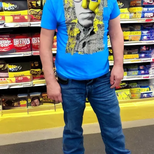 Prompt: grumpy bob dylan with hands on hips wearing a minion t shirt at walmart