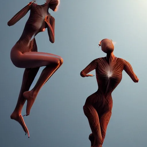 Prompt: Two elegant humanoid creatures, stuck back to back, fused at the shoulders dancing on their pointy limbs. Award-winning digital art, trending on ArtStation