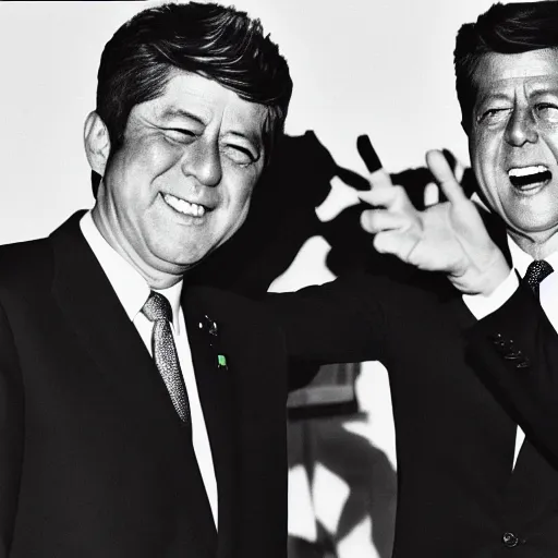 Image similar to shinzo abe and jfk pointing pistols at each other and laughing, photo style