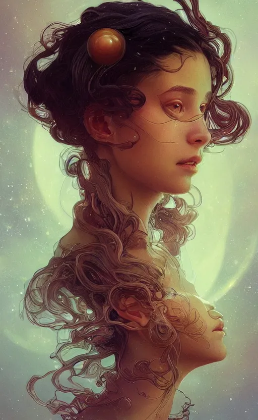 Image similar to portrait of a girl with the universe inside her head, filaments, surreal, intricate, headshot, highly detailed, digital painting, artstation, concept art, sharp focus, cinematic lighting, illustration, art by artgerm and greg rutkowski, alphonse mucha, cgsociety, science fiction