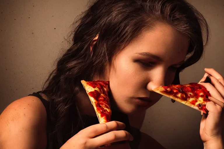 Image similar to A dark, brooding young woman eating a delicious pizza, studio portrait, dramatic lighting, trending on artstation