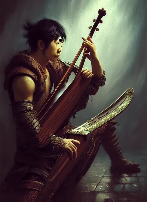 Prompt: a strong japanese male bard playing lute, full body, hyper realistic, blade runner, extremely detailed, dnd character art portrait, dark fantasy art, intricate fantasy painting, steampunk, dramatic lighting, vivid colors, deviantart, artstation, by clyde caldwell and krenz cushart and artem demura and john williams waterhouse