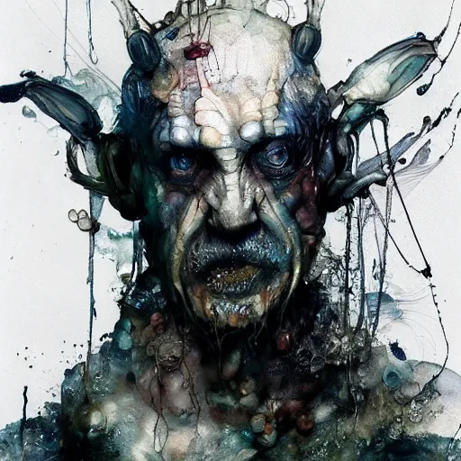 Image similar to mutant fishman sailor old man with gills and scales creatures from the deep ocean by emil melmoth zdzislaw beksinki craig mullins yoji shinkawa realistic render ominous detailed photo atmospheric by jeremy mann francis bacon and agnes cecile ink drips paint smears digital glitches glitchart