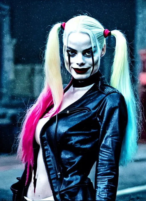 Image similar to 5 0 mm photo of beautiful suicide squad happy margot robbie with long white hair that looks like harley quinn standing on the wet street of dystopian gotham city at night, angry frown, glamour pose, watercolor, frank miller, moebius, jim lee, cinematic, ridley scott, lens flare, dramatic lighting, annie leibowitz