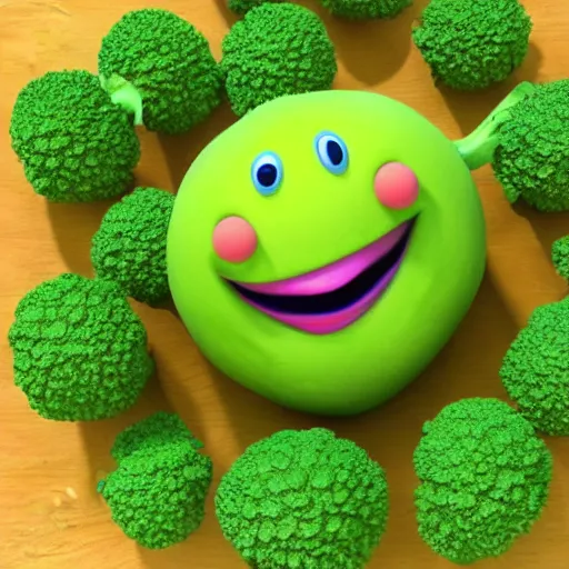 Image similar to a 3d render of a smiling happy broccoli, he is dancing, vivid colors