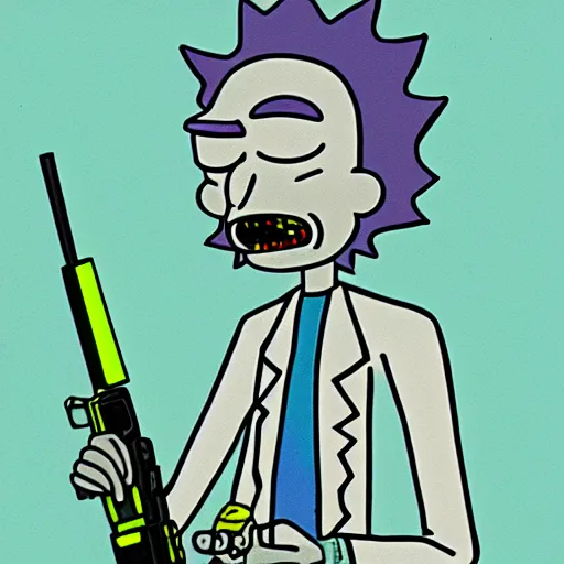 Image similar to portrait of alien rick holding a cybernetic rifle, rick and morty forever and forever a hundred years! g