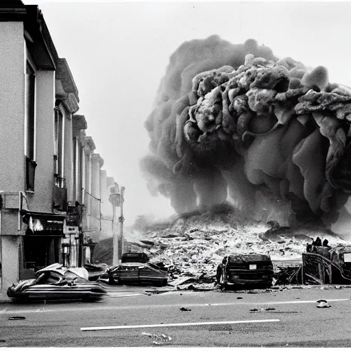 Prompt: a giant foot ,big impact hit on the building, explode and chaos, Holywood scene, full color, broken cars,scary picture, convincing, modern camera