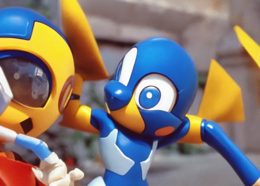 Image similar to Megaman as Pikachu, film still, 1990