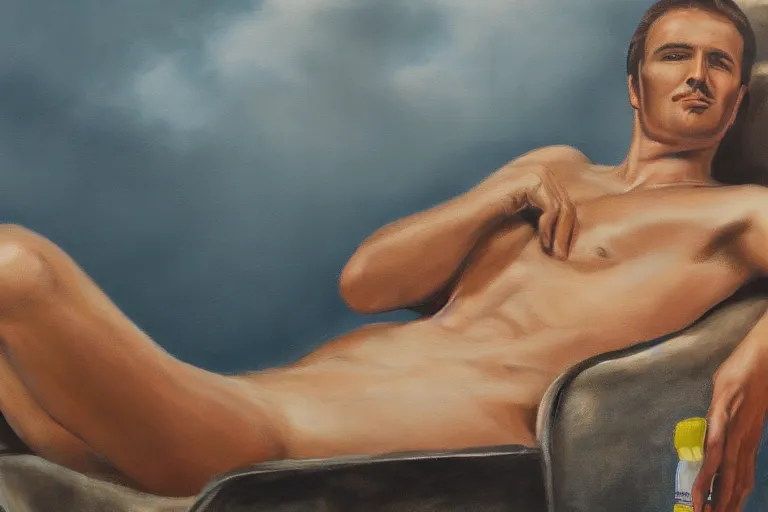 Prompt: a airbrush painting of a caucasian man relaxing on a brown reclined leather chair