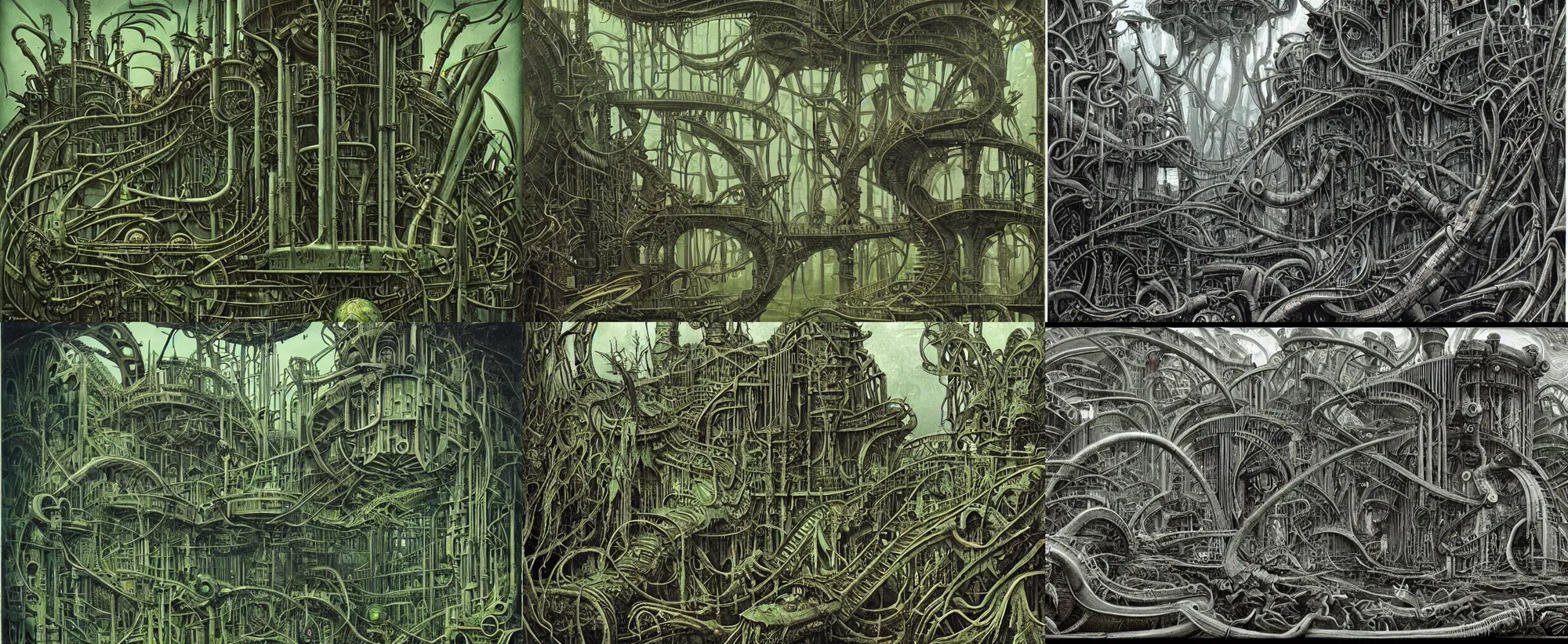 Prompt: swamp with a lot of dieselpunk mechanisms inside scientific illustration, made in brutal architecture in rich and saturated shades of dark green, made by Joe Fenton, H. R. Giger, M. C. Escher