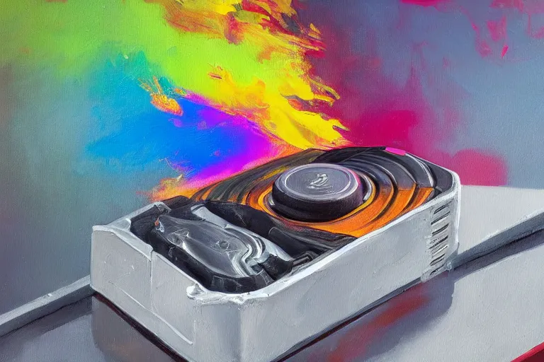 Image similar to a painting by Wayne Thiebaud of an Nvidia GeForce RTX 3090 GPU that has caught on fire, GeForce RTX 3090 on fire, cooling, high specs, ethereal!!!!!!!, by Wayne Thiebaud, neon gradient, nvidia promotional image, GPU fire, GPU fire, GPU fire, GPU fire, GPU fire, GPU fire