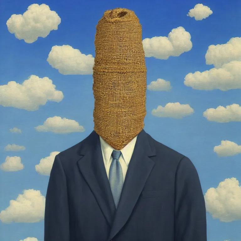 Image similar to portrait of a faceless burlap sack - head man in a suit, clouds in the background, by rene magritte, detailed painting, distance, centered, hd, hq, high resolution, high detail, 4 k, 8 k